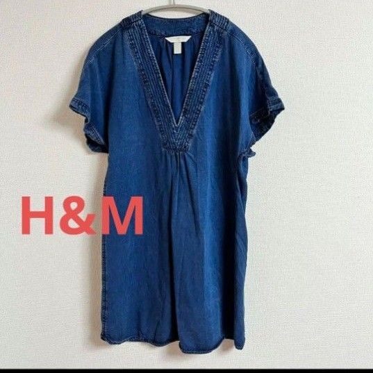 H&M デニム Vネック チュニック カットソー Tシャツ ブラウス トップス 半袖 ブルー
