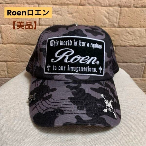 【美品】Roen ロエンメンズキャップ メッシュ スカル ピンバッジ付き