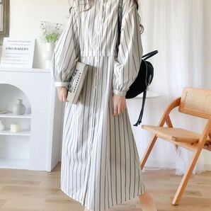新品ストライプ柄ロングワンピース パフスリーブ 丸襟