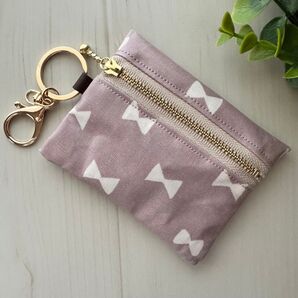 リール付きキーケース キーホルダー付き ラミネート ハンドメイド リボン モーブピンク