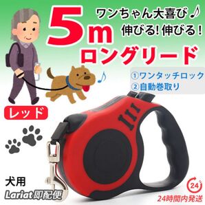 ロングリード【 レッド・5m 】自動巻き取り伸縮リード 犬用 長い 軽い コンパクト 散歩