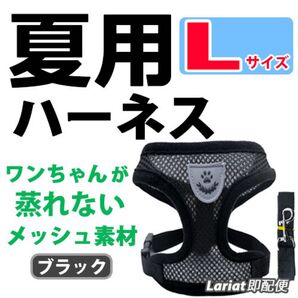 ハーネス《 ブラック・Lサイズ 》犬用 ベストタイプ 蒸れないメッシュ素材 リード付き 胴輪 ☆