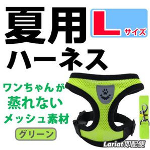 ハーネス《 グリーン・Lサイズ 》犬用 ベストタイプ 蒸れないメッシュ素材 リード付き 胴輪 ☆