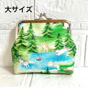 ハンドメイド がま口財布 猫のサウナ柄 ユキエモン