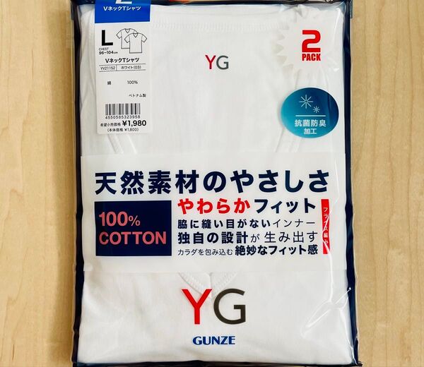 YG VネックTシャツ Lサイズ メンズ 2枚組 綿100% 天然素材のやさしさ 抗菌防臭 GUNZE 送料込み