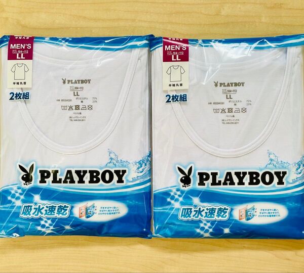 PLAYBOY 半袖丸首インナーシャツ LLサイズ メンズ 4枚組 吸水速乾 ホワイト 夏
