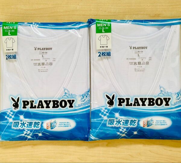 PLAYBOY 半袖V首インナーシャツ Lサイズ メンズ 4枚組 吸水速乾 ホワイト 夏