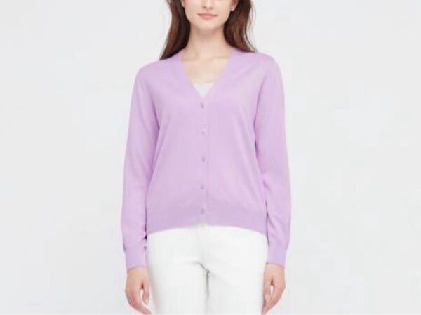 【美品】ユニクロ シアーカーディガン M ライトパープル 長袖Vネック 涼しい冷房対策 UNIQLO カーディガン 長袖
