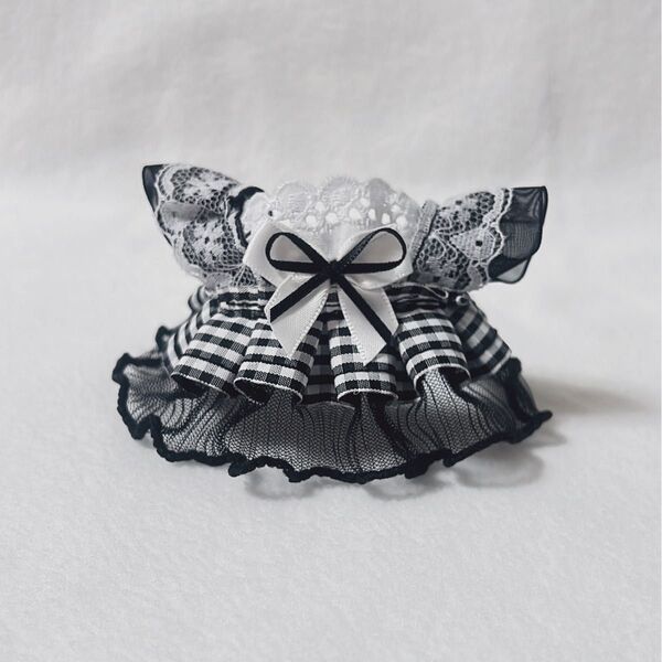 10cm ぬいぐるみ ぬい服 ドレス チェック 白黒ドレス レース フリル リボン
