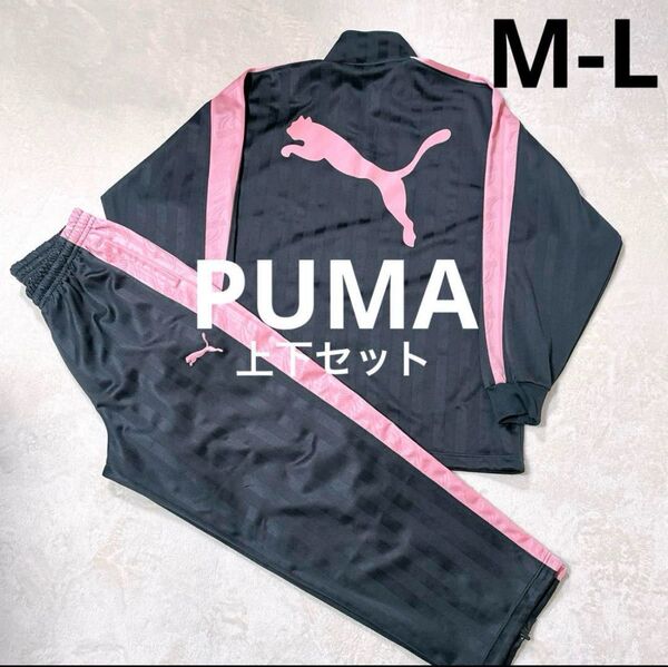 PUMA ジャージ 上下セット プーマ セットアップ グレー×ピンク ストライプ ビックロゴ スポーツウェア レディース L相当