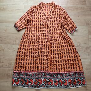 ☆yul☆オレンジ総柄アジアンダブルボタンロングワンピース☆美品☆