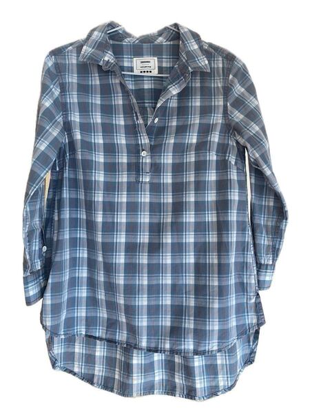 PLST ライトブループルオーバーブラウス 2M 綿100% 7分袖 薄手 細身 水色 チェック柄 シャツ
