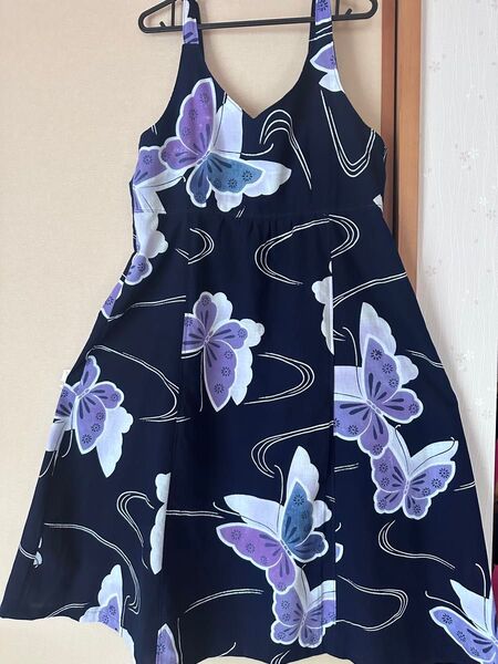 値下げ!浴衣リメイク品♪キャミソールワンピース 花柄 ネイビー 体型カバー
