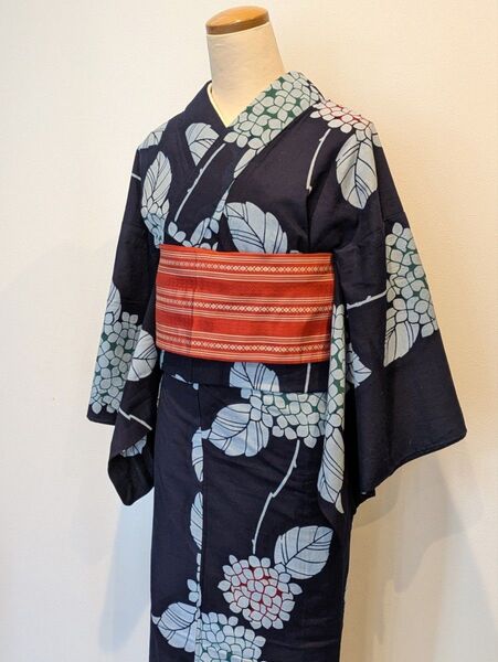 浴衣 単品 身丈155裄63 濃紺 紫陽花柄 注染