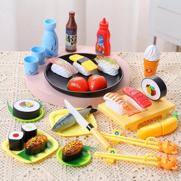 おままごと34点セット お寿司セット 知育玩具 練習箸付き リアルな食材 寿司種類豊富 魚 果物 調味料 切る遊び