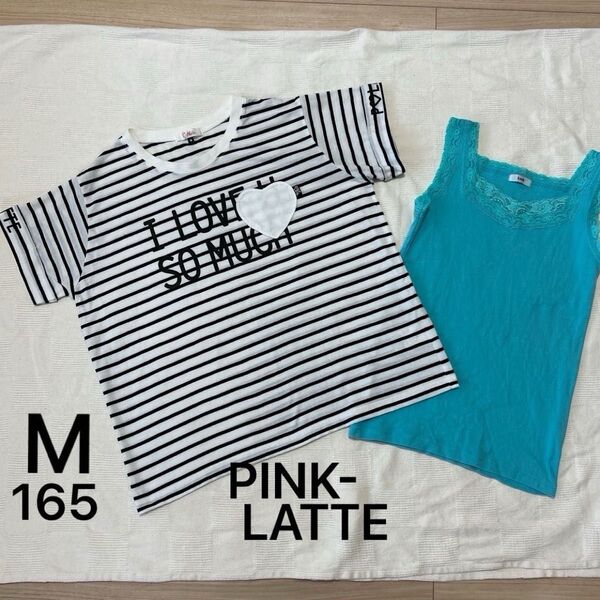 ピンクラテ PINK-LATTE Tシャツ カットソー トップス Mサイズ165 ロゴ ボーダー ノンブランドタンクトップ付き