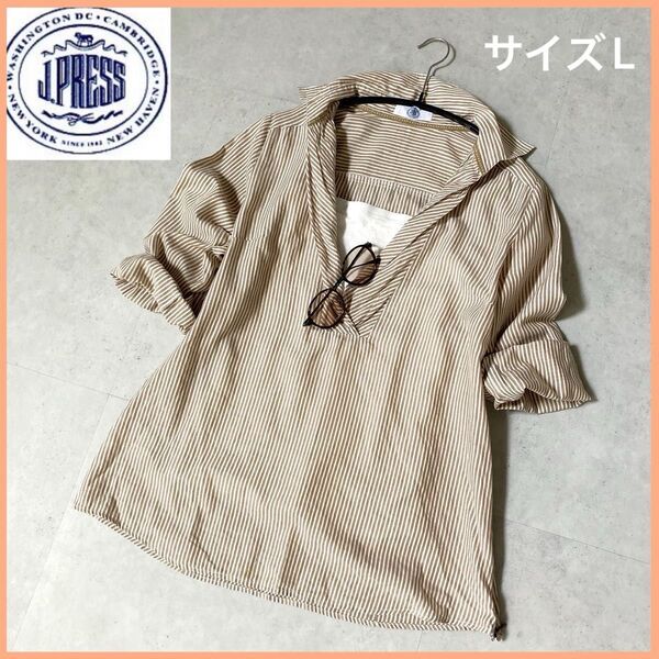 極美品Jプレス スキッパーストライプシャツ 七分袖 L