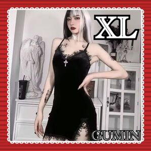 キャミワンピース ベロア素材 レース スリット セクシー スリム コスプレ エロカワ シンプル お姉さんコーデ ブラック XL