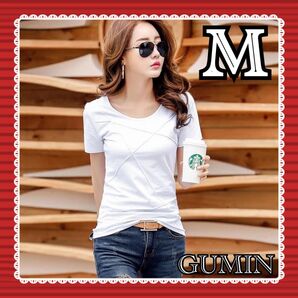 レディース トップス 半袖Tシャツ デザイン カットソー 細見え 着痩せ 着回し デート オシャレ ラウンドネック ホワイト M