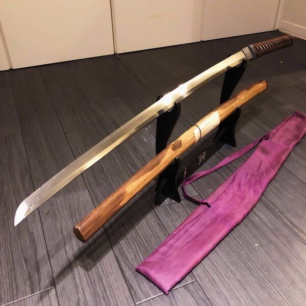 刃渡68cm 濃州関住藤原義正 在銘 太刀 有乱刃紋 鍛肌 長脇差 刀身重みあり 刀袋付き 日本刀 反り2.0cm