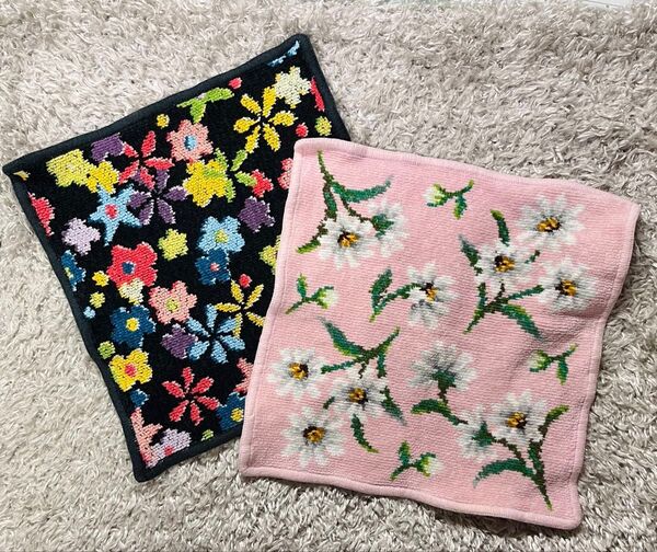 FEILER タオルハンカチ 白花ピンク + カラフル花柄黒 2枚セット ハンドタオル フェイラー シュニール織
