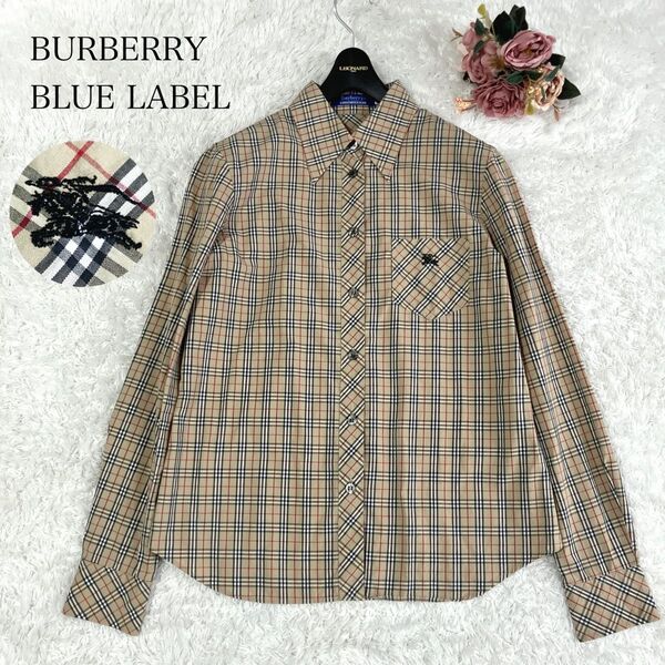 美品 BURBERRY BLUE LABEL バーバリーブルーレーベル シャツ ブラウス ノバチェック ホース刺繍 ベージュ M