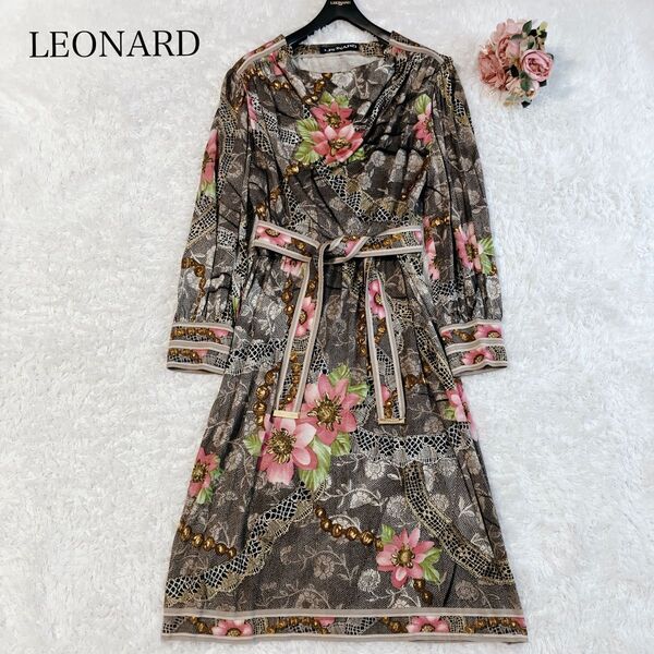 美品 LEONARD レオナール シルク混 ロングワンピース ベルト 総柄 トリム 花 レース シルク マルチカラー 茶色 L