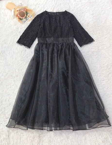 【ガール】結婚式ドレス 黒レースベルベットボリュームフレアワンピースロング7分袖 ブラック クルーネック レース M