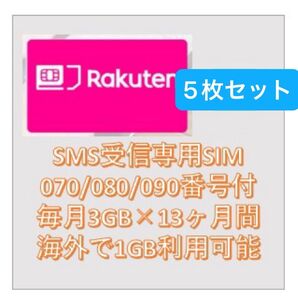 【5枚セット】楽天 月3GB高速データSMS受信認証可 N+12ヶ月