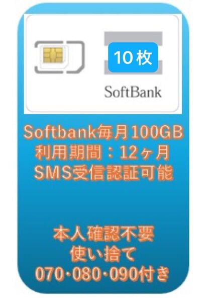 10枚Softbank純正ネットワーク利用 月間データ100GB+SMS認証可能利用可能期間:受取日から~一年間12ヶ月利用可能