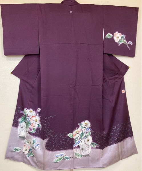 未使用★正絹・手描き訪問着(作家物)仕立て上り・五三の桐一つ紋(縫紋.銀糸)