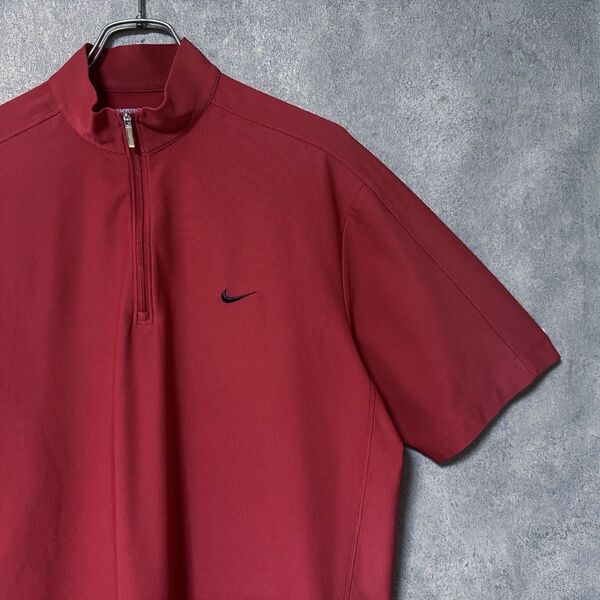 NIKE GOLF ナイキゴルフ 刺繍 ロゴ ハーフジップ シャツ L レッド メンズ 半袖 ゴルフ ウェア