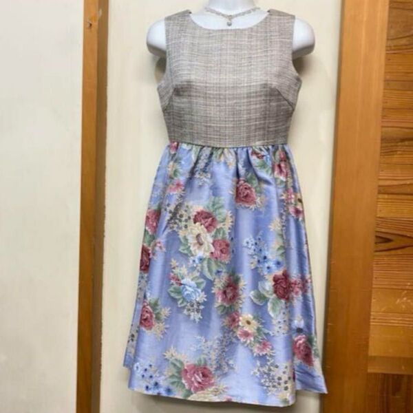 新品 ツイード×花柄 お呼ばれワンピース パーティードレス 結婚式 フォーマル グレー×ブルー S