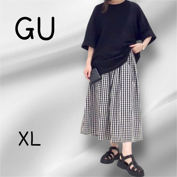 GU ジーユー タックチェックロングスカート フレア 黒×白 ゆったり【XL】 ロングスカート ウエストゴム
