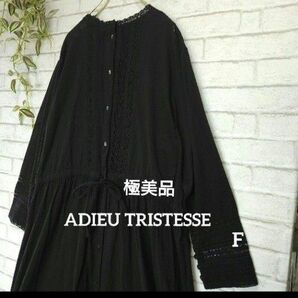 極美品 ADIEU TRISTESSE 黒エンブロイダリーレース ロングシャツワンピース F ハシゴレース