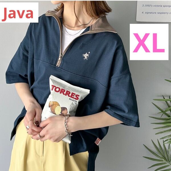 クラシカルエルフ Javaコラボ ハーフジップ ワンポイント半袖Tシャツ XL 完売品 綿100% 配色プルオーバー