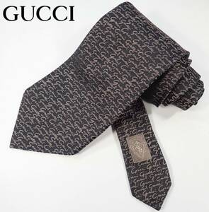 e496/美品 希少 GUCCI ネクタイ グッチ 筆記体Gucci柄 総柄 クレスト紋章 中古 USED