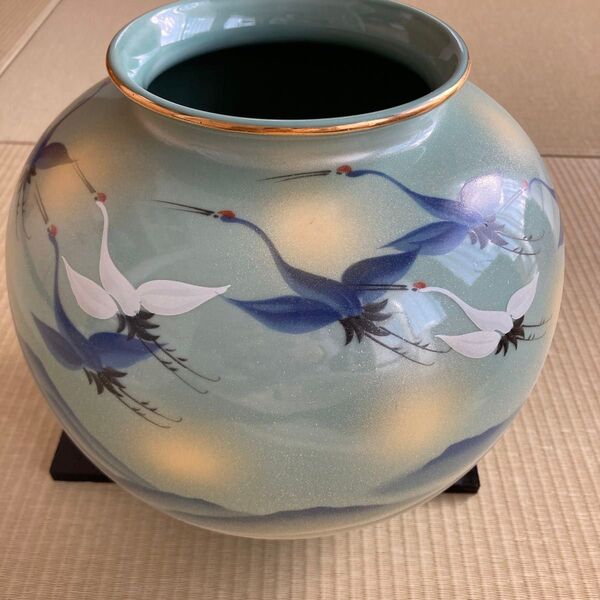 九谷焼 花瓶 台付 陶勝作 群鳥 木箱入り 未使用