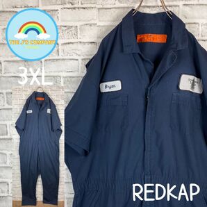 USA古着 REDKAP 企業ロゴ刺繍 半袖 オールインワン ツナギ 3XL つなぎ 作業着