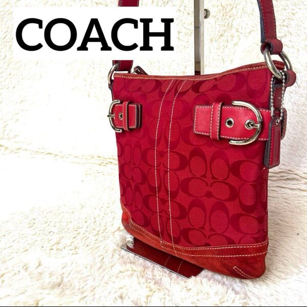 【希少色】 COACH ワンショルダー 赤 シグネチャー 肩掛け ミニバッグ レザー キャンバス