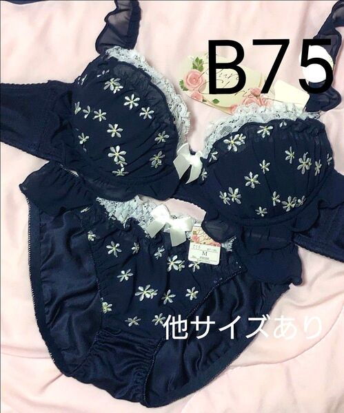最新作 B75 カシュクールフリルブルームブラジャー&フルバックショーツ 刺繍 フリル B70 C70 D70 D75