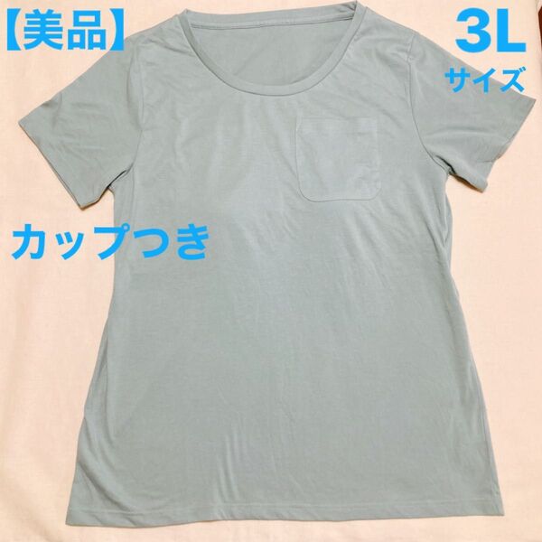 【美品】カップつきTシャツ 3Lサイズ ストレッチタイプ ブラトップTシャツ 背中側ゴムなし 薄緑色