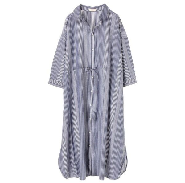【新品】ストライプ ドロストシャツワンピース 定価5,489円 ゆったりサイズ