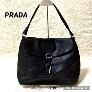 【超希少・極美品】PRADA プラダ ショルダーバッグ レザー ブラック 金具 ロゴプレート付き 美品