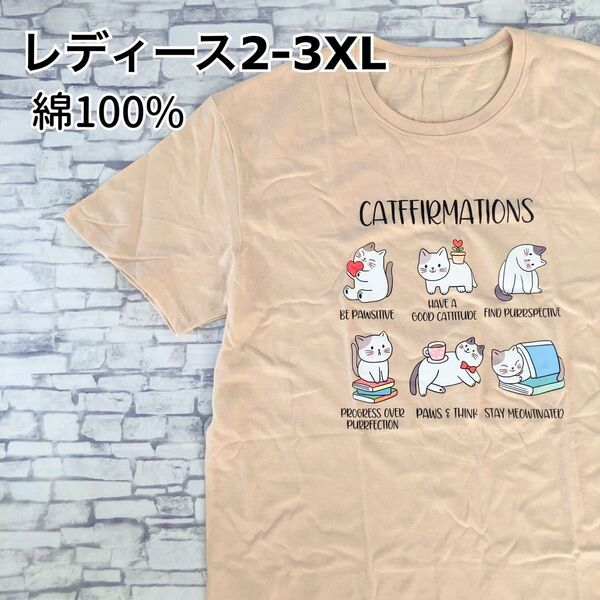 【最終値下げ】半袖Tシャツ 大きいサイズ 猫柄 Tシャツ 猫 おもしろ コットン ベージュ