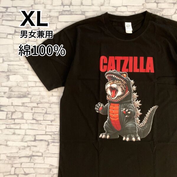 【新品】キャットジラ XL 半袖Tシャツ ゴジラ 猫柄 猫 ブラック おもしろTシャツ コットン 綿