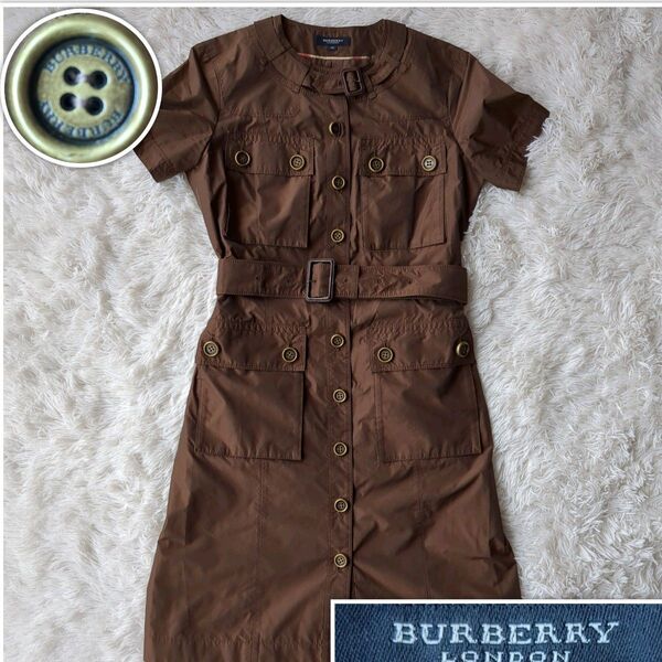 BURBERRY LONDON バーバリー シャツワンピース ノーカラー 金ボタン ノバチェック ブラウン 茶色 38 M相当