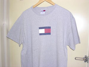 90s USA製 TOMMY HILFIGER フラッグ デカロゴ Tシャツ M グレー vintage old トミーヒルフィガー