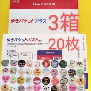 ゆうパケットプラス専用箱3箱 ゆうパケットポストmini封筒20枚 ヘアゴム サンキューシール50枚