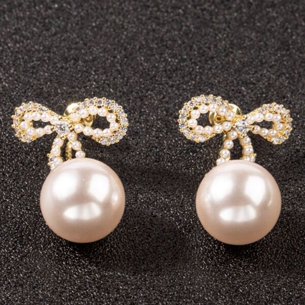パールピアス お呼ばれコーデ リボンピアス 結婚式 ピアス ゴールド オフホワイト